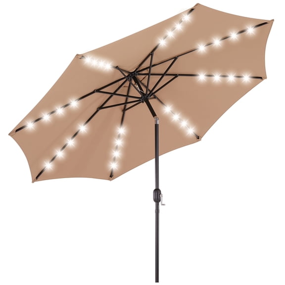 Taoset 10ft Solar LED Outdoor Umbrella with Tilt Function - UPF 50 Waterproof Patio Shade with Metal Frame for Deck, Yard & Market, Khaki