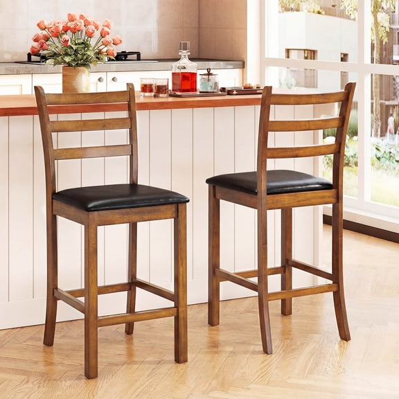 Costway 24” Rubber Wood Ladder Back Bar Stools Set of 2 with Upholstered Cushioned Seats Walnut and Black