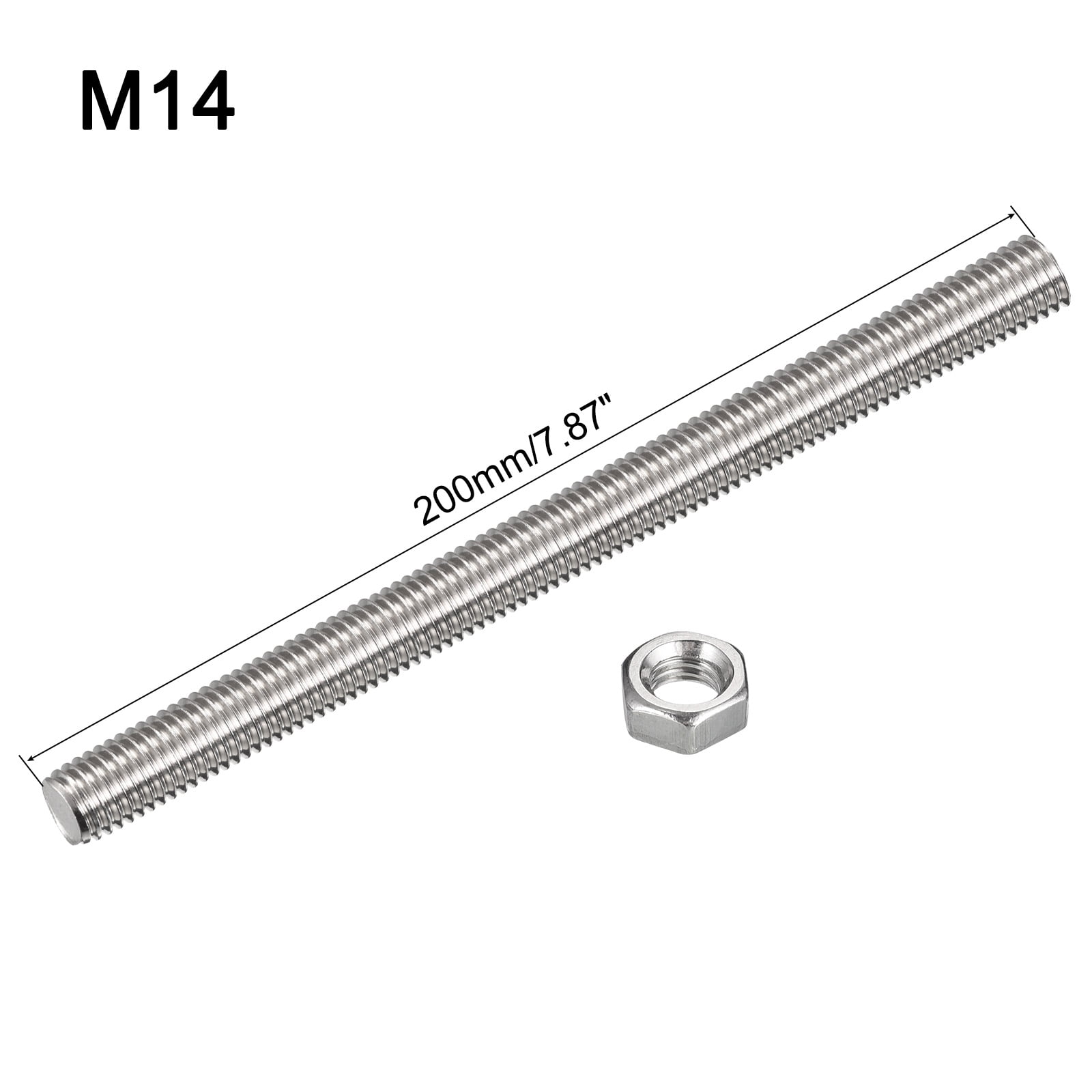 Uxcell 15Pack M14 x 200mm Fully Threaded Rod w 15Pack Hex Nuts, 2mm Pitch 304 Stainless Steel Right Hand Threaded Rod