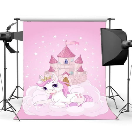 Image of ABPHOTO Polyester 5x7ft Unicorn Backdrop Baby Shower Backdrops Fairytale Castle Pink Twinkle Little Star Cartoon Fantasy Photography Background for Girls Princess 1st Birthday Photo Studio Props
