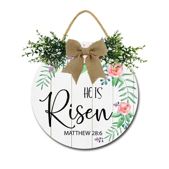 Eveokoki He Is Risen Sign Front Door Porch Decorations, Round Rustic Wood Hanging Sign for Farmhouse Porch Outdoor Home Holiday Front Door Sign Decor
