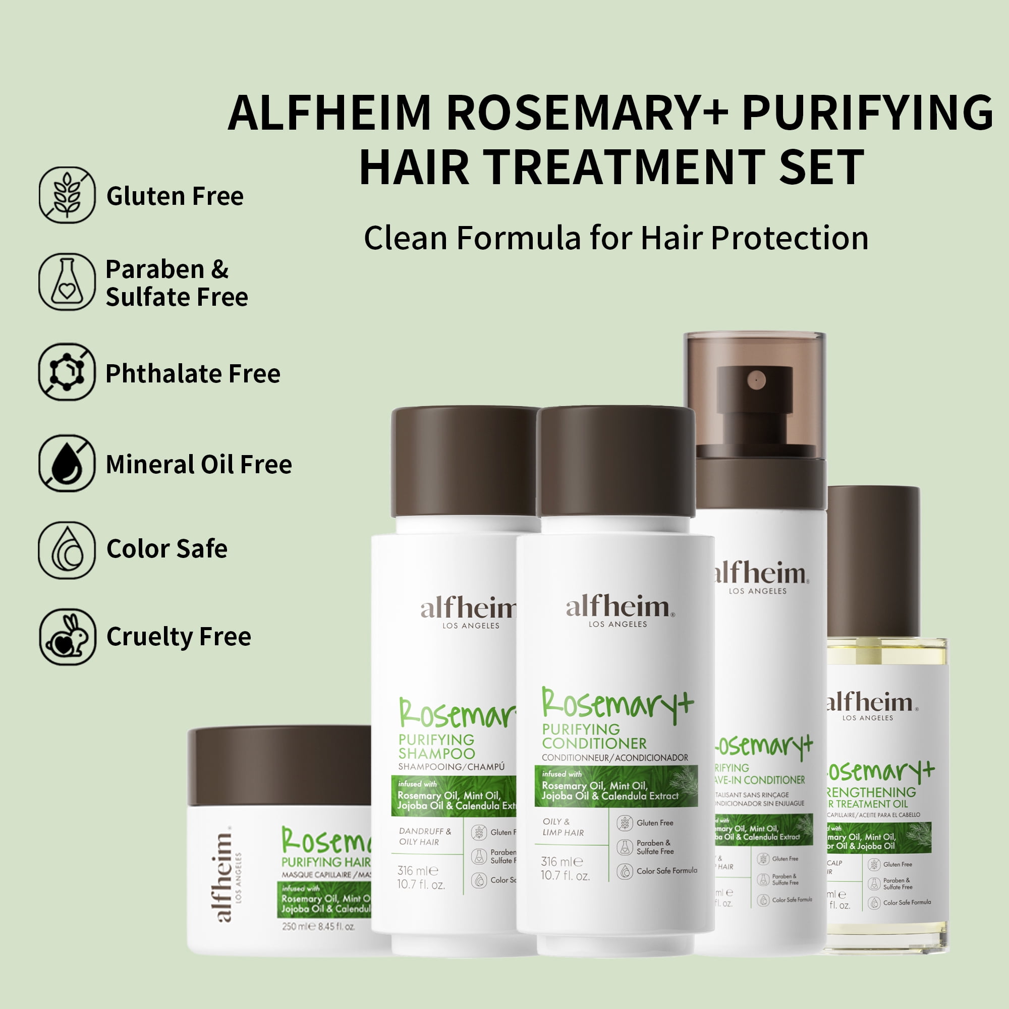 Alfheim Rosemary+ Complete Hair Care Set | Vegan 5-Step Scalp & Hair Ritual with Shampoo 10.7oz, Conditioner 10.7oz, Pre-Wash Oil, Leave-in Spray & Hair Mask