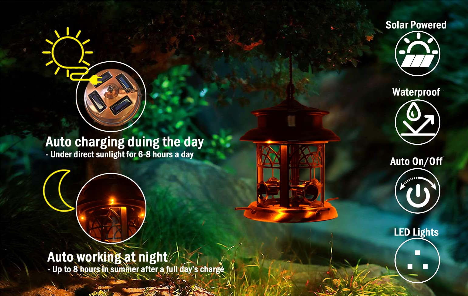 Westcharm Squirrel Proof Solar Birdfeeder for Wild Song Birds | Arched Lattice Solar LED Hanging Bird Feeder for Outside Garden, Antique Copper