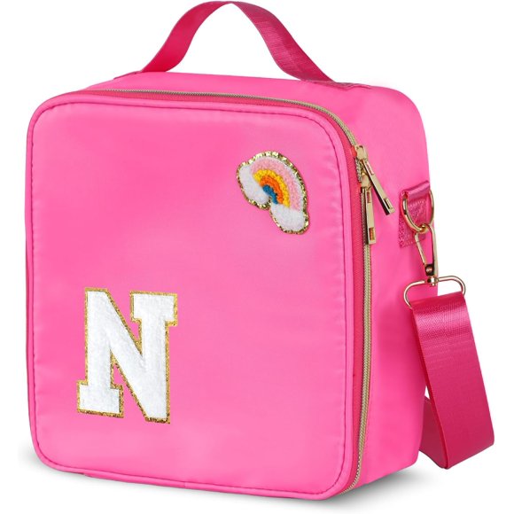 shiyou-Insulated Nylon Lunch Box for Girls, Kids, and Women-Stylish (Letter 'N'),Pink Preppy Large Lunch Bag with Adjustable Strap, Tote for School, Travel, and Picnics-Ideal Preppy Stuff Choice