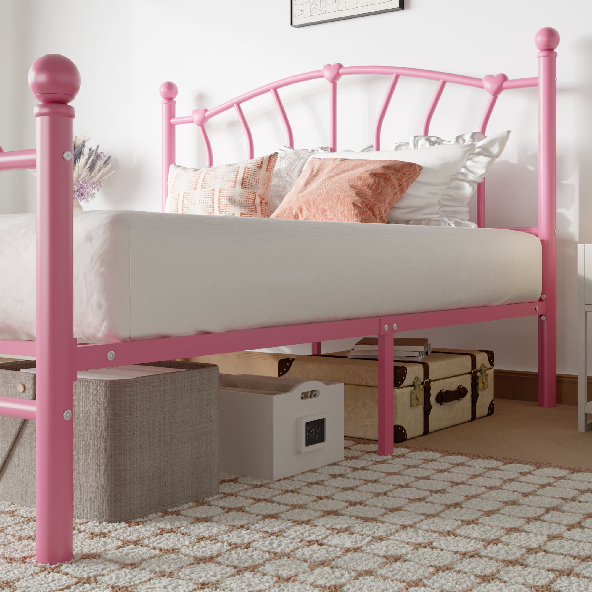 SHA CERLIN 14 Inch Queen Size Metal Platform Bed Frame with Heart Shaped Iron-Art Headboard/Footboard, Under Bed Storage, Noise Free Mattress Foundation, Easy Assembly, Pink