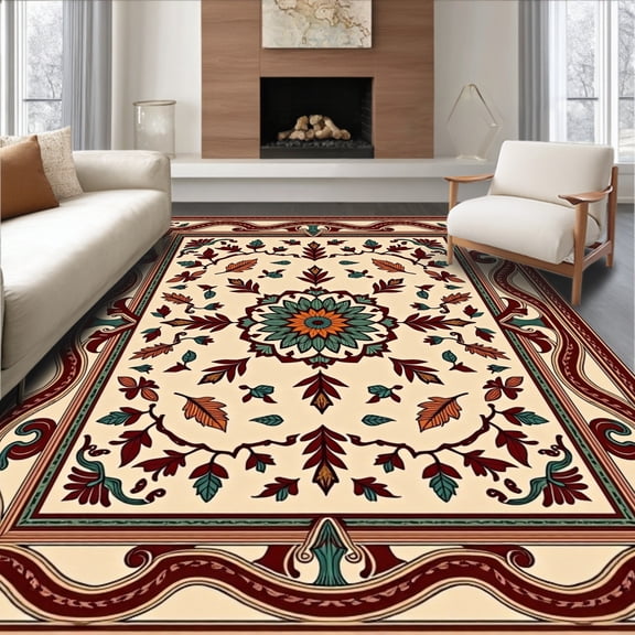 ODIKA 4'x6' Machine Washable Non-Slip Area Rug, Autumn Providence Medallion Botanical Decorative High Traffic Rug, Beige, 511916