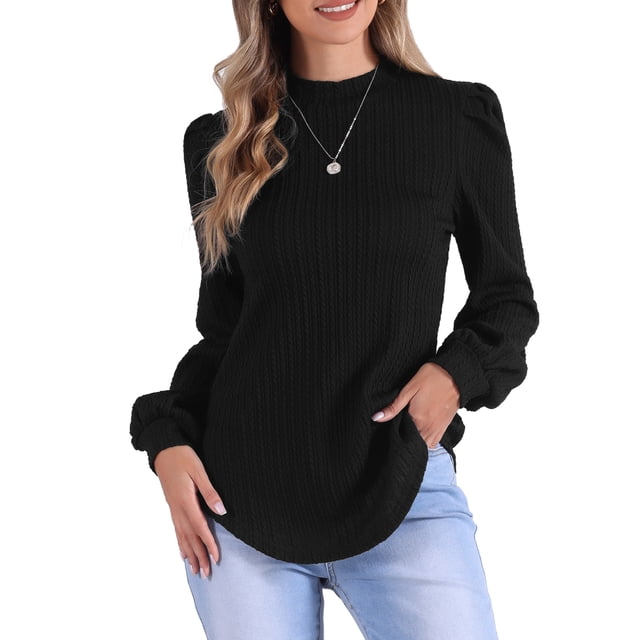 Blusas de manga larga INSPIRE CHIC para mujer, con cuello alto y mangas abullonadas, casual, talla XS, color negro