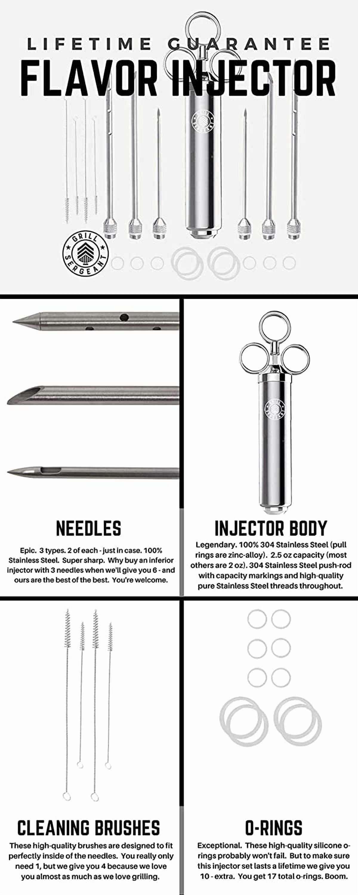 GRILL SERGEANT Professional Meat Injector, Marinade Syringe Set, FOREVER GUARANTEE, Zippered Storage & Travel Case, 304 Stainless Steel, No Aluminum, 6 Needles, 2.5 oz Capacity, 4 Cleaning Brushes