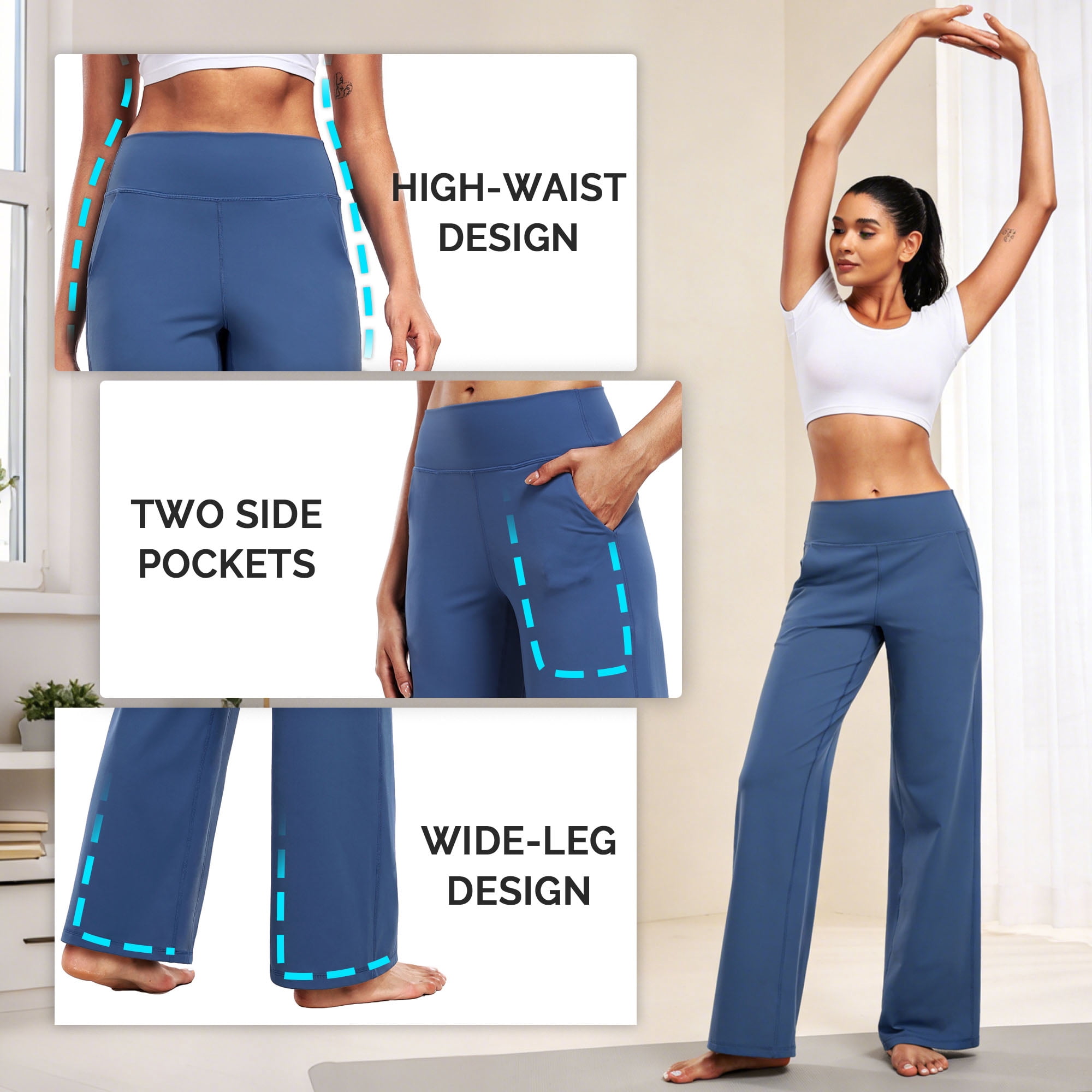 NELEUS ButterSoftFlex Womens Plus Size Wide Leg Pants Athletic Yoga Legging Casual Sweatpants with Side Pockets,Blue,US Size 2XL