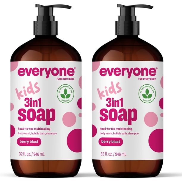 Everyone 3-in-1 Kids Soap, Body Wash, Bubble Bath, Shampoo, Coconut Cleanser with Organic Plant Extracts and Pure Essential Oils, Clear, Berry Blast, 32 Fl Oz, Pack of 2
