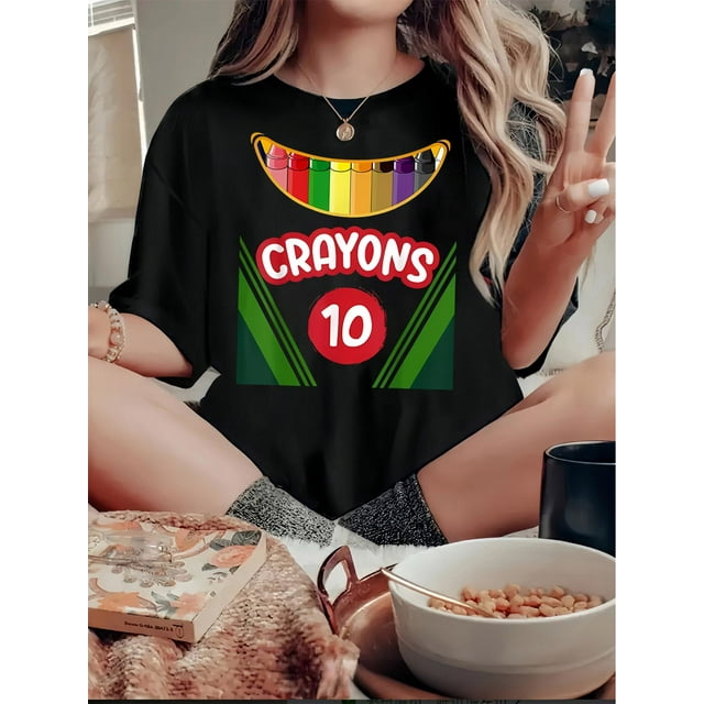T-Shirt à Imprimé Graphique Craies de Cire pour Femmes, Col Rond Décontracté Manches Courtes, Tissu Polyester Confortable avec Extensibilité Moyenne, Motif Géométrique, pour Toutes les Saisons