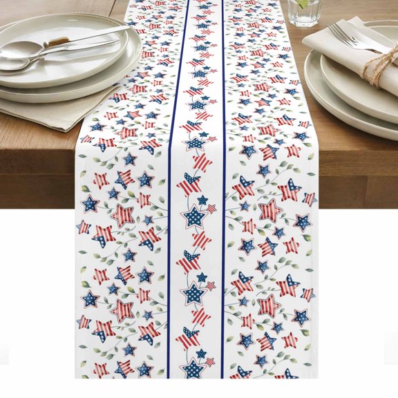 Independence Day Table Runner - 70 Inch Long, Kitchen Dining Table Runner Dresser Scarves, 4th of July Red Blue Stripes Star Leaves Farmhouse Decor for Coffee Tables Wedding Party Banquet