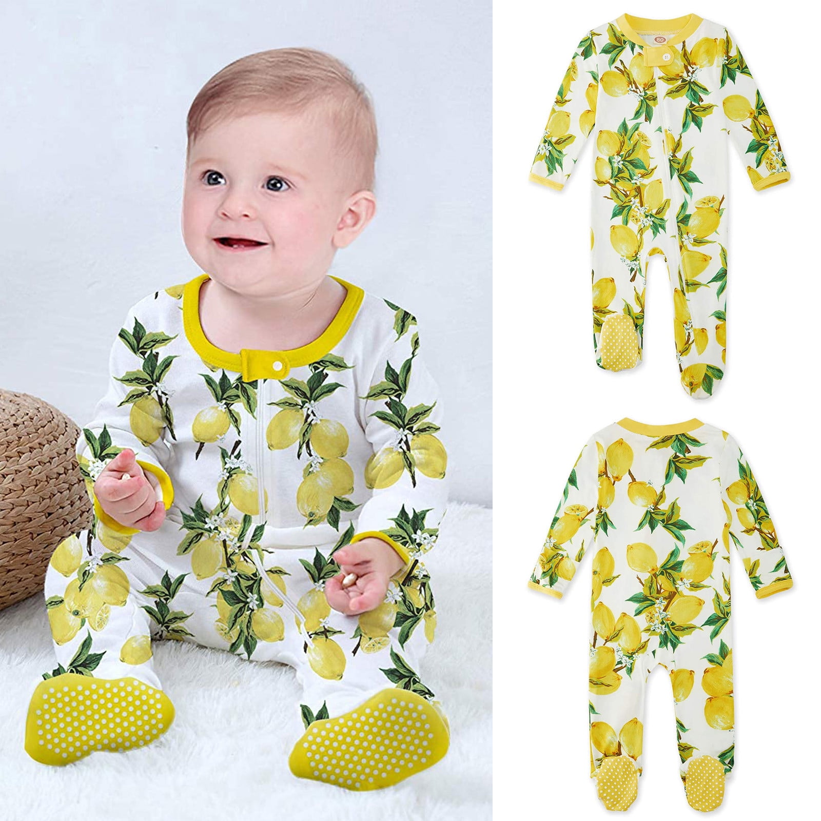 Baby Boys Girls Lemon Print Pajama Sleeper Zipper Footed Romper