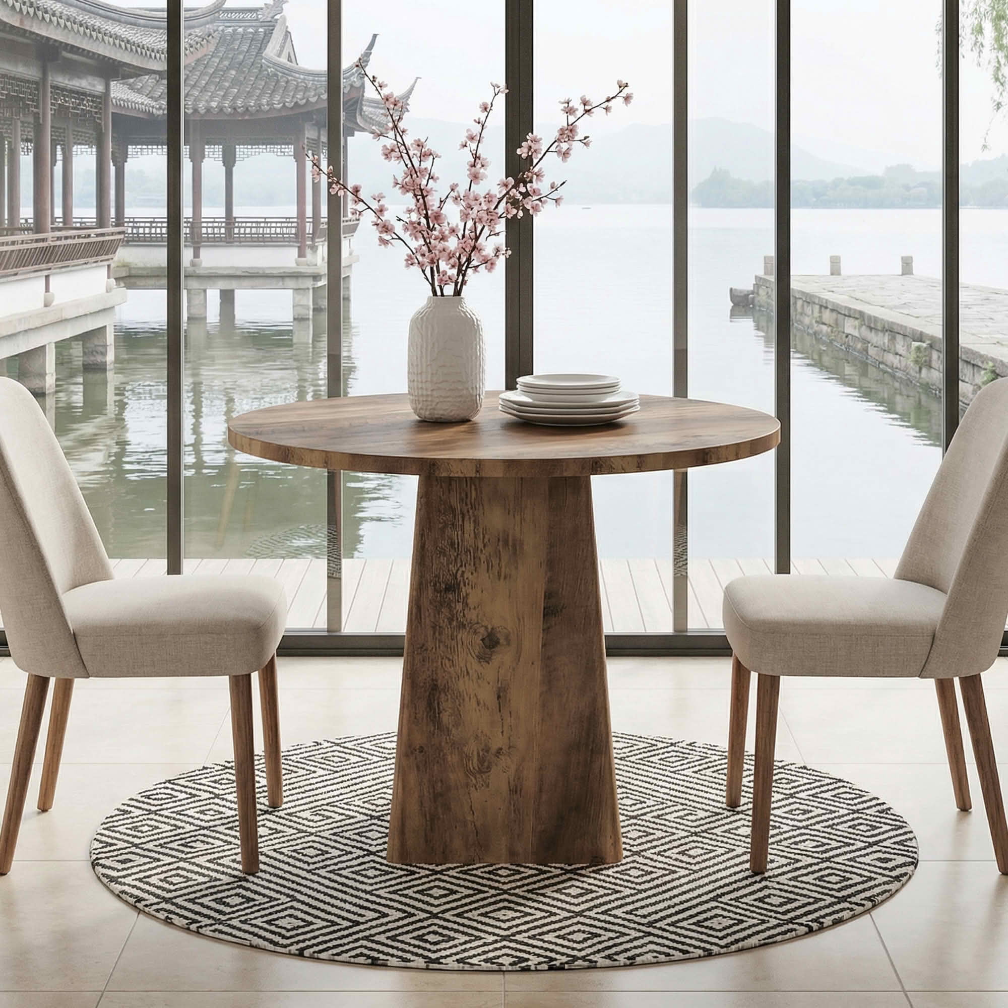 MAYEERTY 31.5 Inch Round Farmhouse Dining Table, Kitchen Dinner Table with Square Base for 2 to 4 People