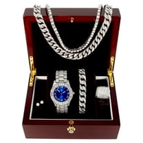 Fully Iced Mens Big Rocks Bezel Color Dial with Roman Numerals, Cuban Chain Bracelet, Cuban Necklace, Tennis Chain & Ring - ST10327CRNT (Blue/Silver - Ring Size 9)