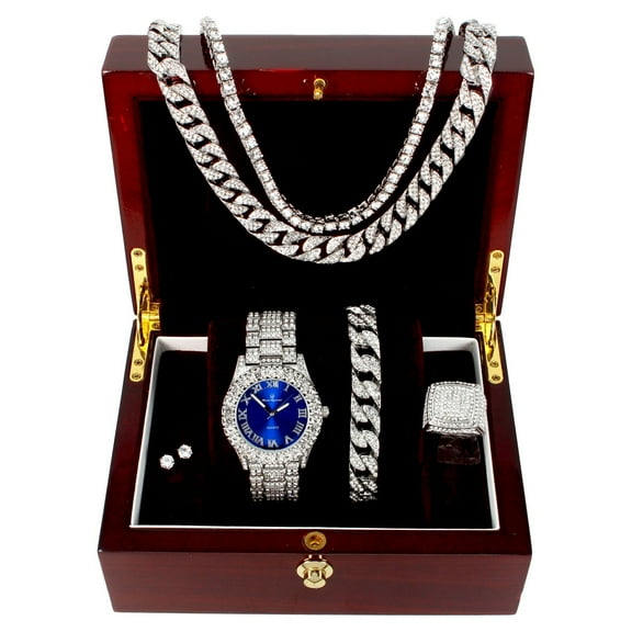 Fully Iced Mens Big Rocks Bezel Color Dial with Roman Numerals, Cuban Chain Bracelet, Cuban Necklace, Tennis Chain & Ring - ST10327CRNT (Blue/Silver - Ring Size 9)