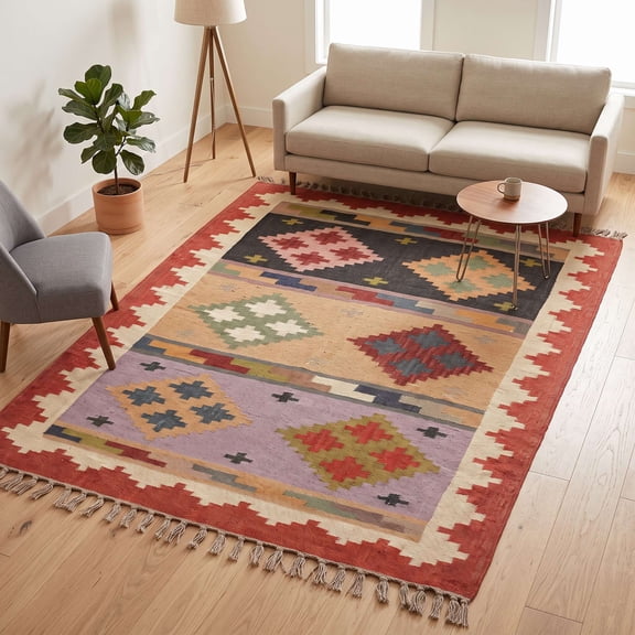 The Magnifique Handmade Kilim Rug 6x9 ft, Multicolor Geometric Tribal Area Rug, Flatweave Boho Area Rug for Living Room, Bedroom & Dining Room