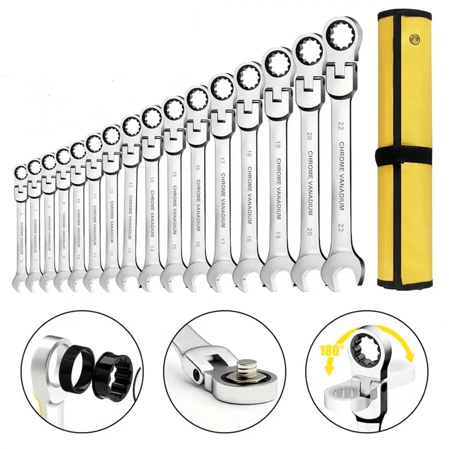 16pcs flexible head ratchet wrench set 6-22mm, mechanic auto repair maintenance open end dual purpose wrench ratchet wrench
