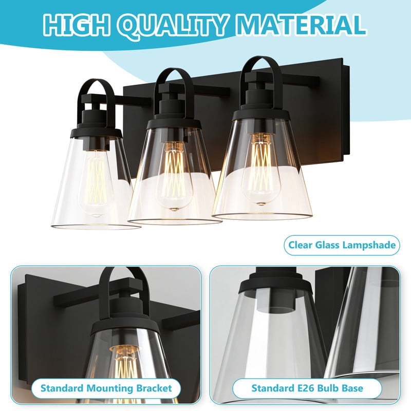 HKMGT 3-Light Modern Vanity Light Loop Top Design Black Metal Bathroom Light Fixture for Vanity