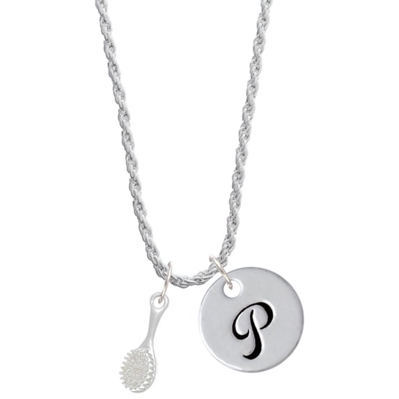 Delight Jewelry Silvertone 3-D Hair Brush Silvertone Script Initial Disc - P - Charm Necklace, 20"+3"
