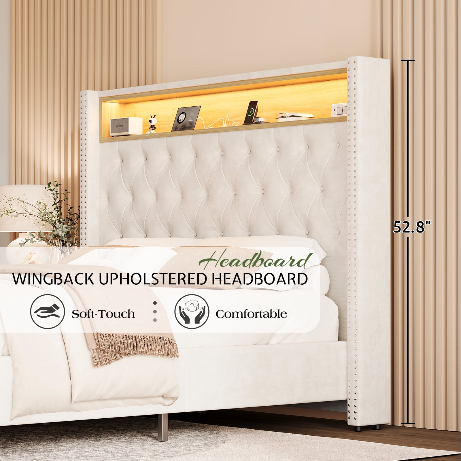LUXOAK LED Queen Bed Frame,Charging Station and Storage Upholstered Headboard/Velvet/Cream