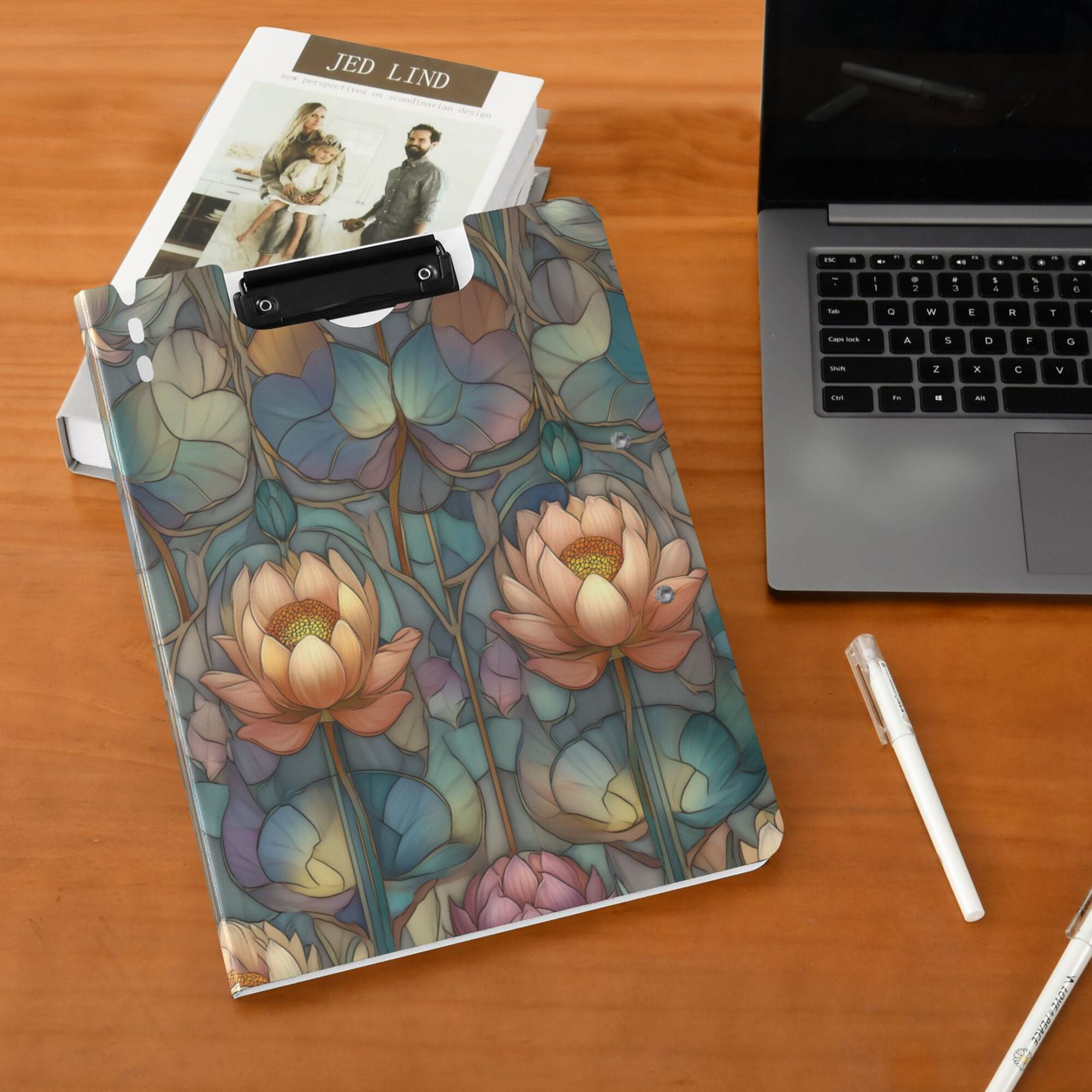 FORMRS A4 Clipboard Folder with Pen Holder Horizontal Foldable School Office Binder, Abstract Water Lilies Pattern