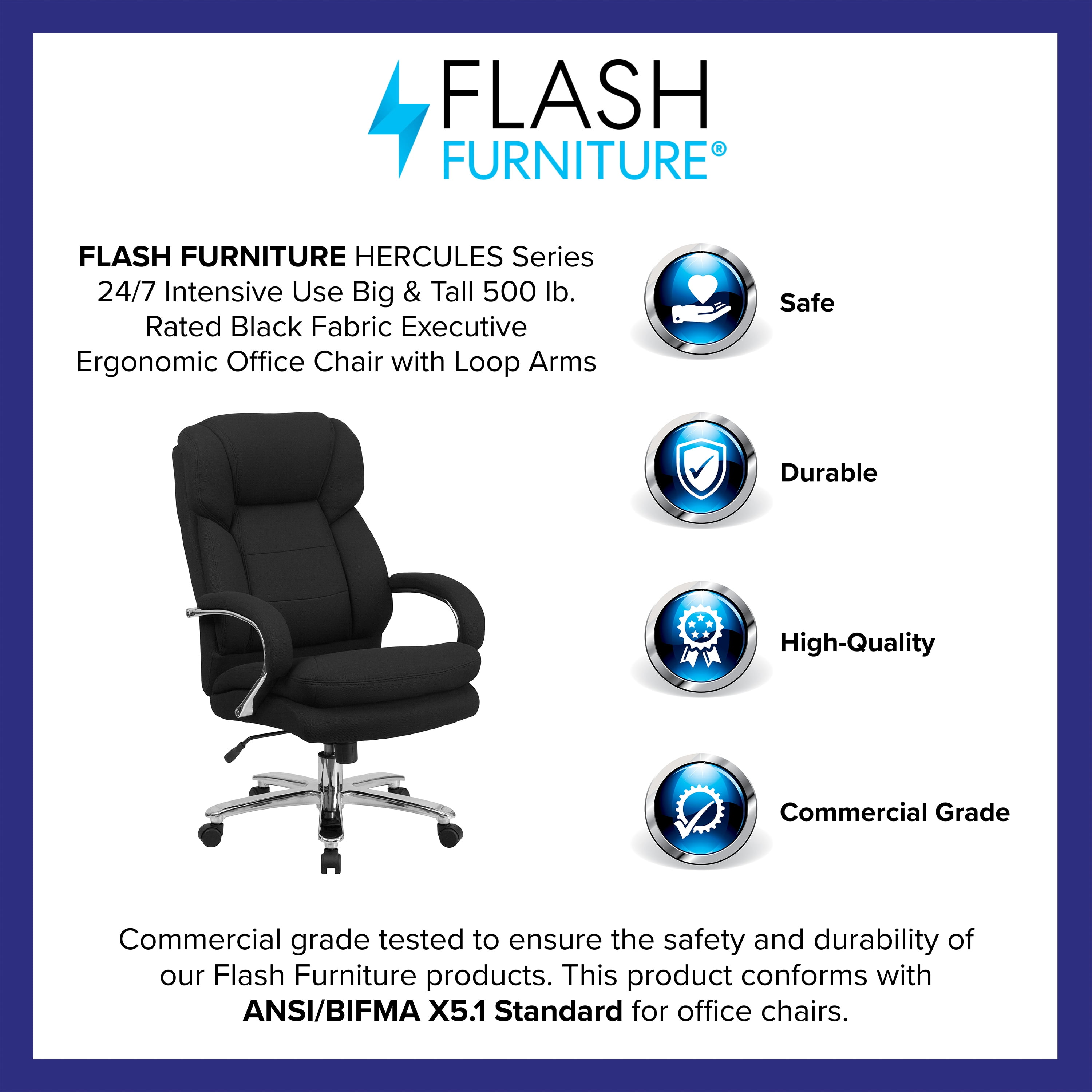 Emma + Oliver 24/7 500 lb. Big & Tall Black Fabric Ergonomic Office Chair with Loop Arms