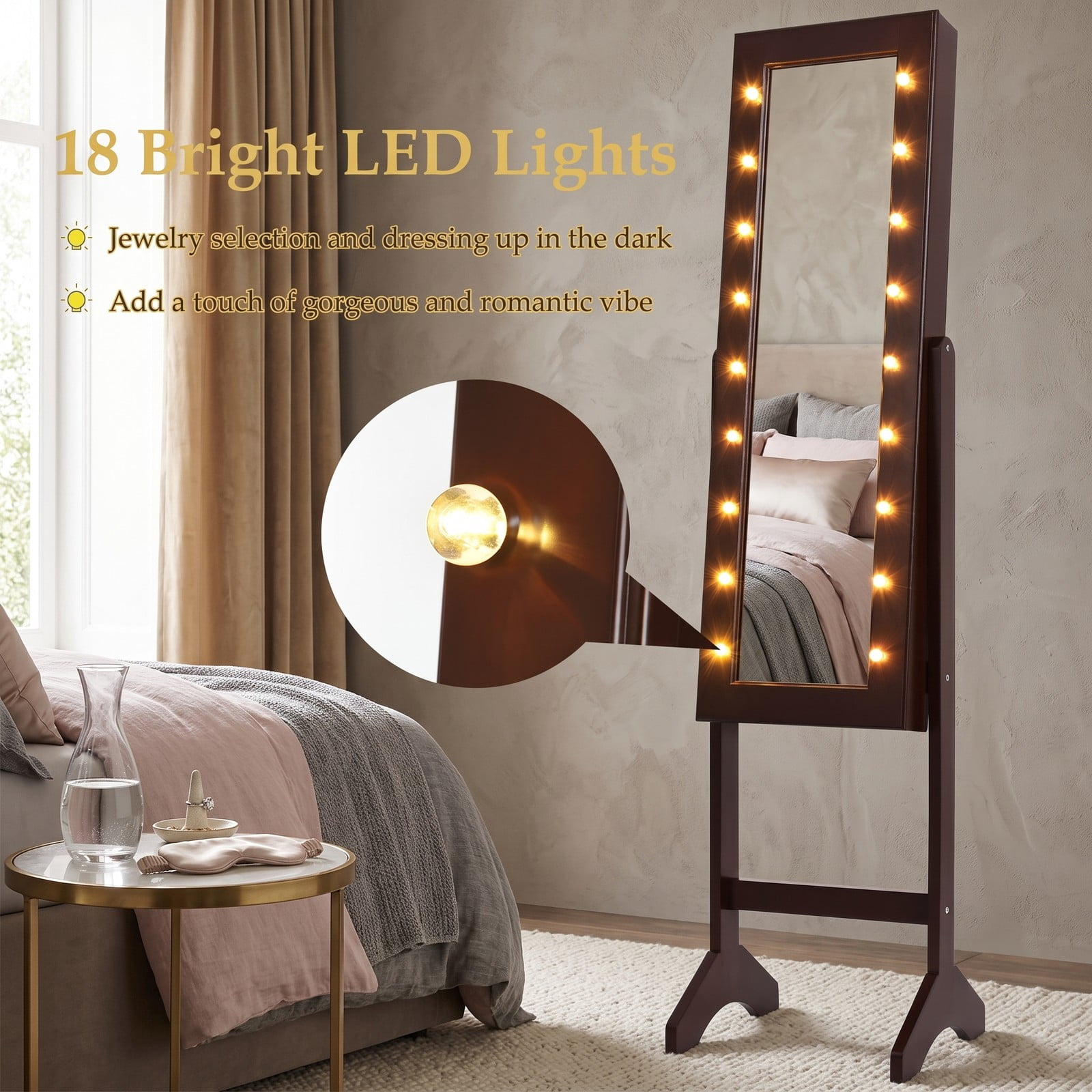 Furnibear Freestanding Mirrored Jewelry Cabinet Armoire Organizer with Full-Length Mirror and 18 LED Lights for Bedroom, Brown