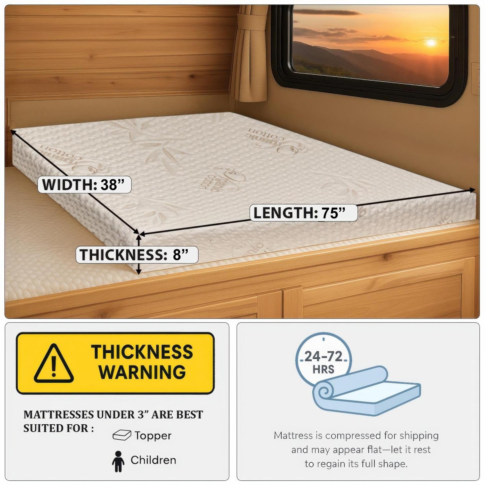 Foamma 8” x 38” x 75” Twin Size Truck, Camper, RV High-Density Bunk Mattress, Organic Cotton Cover, Made in USA, Comfortable, Travel Trailer, CertiPUR-US Certified