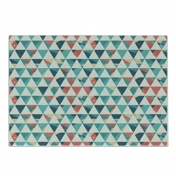 Geometric Cutting Board, Abstract Triangles Hexagons Soft Colors Modern Art Cubism Inspired, Decorative Tempered Glass Cutting and Serving Board, Small Size, Turquoise Teal Coral, by Ambesonne