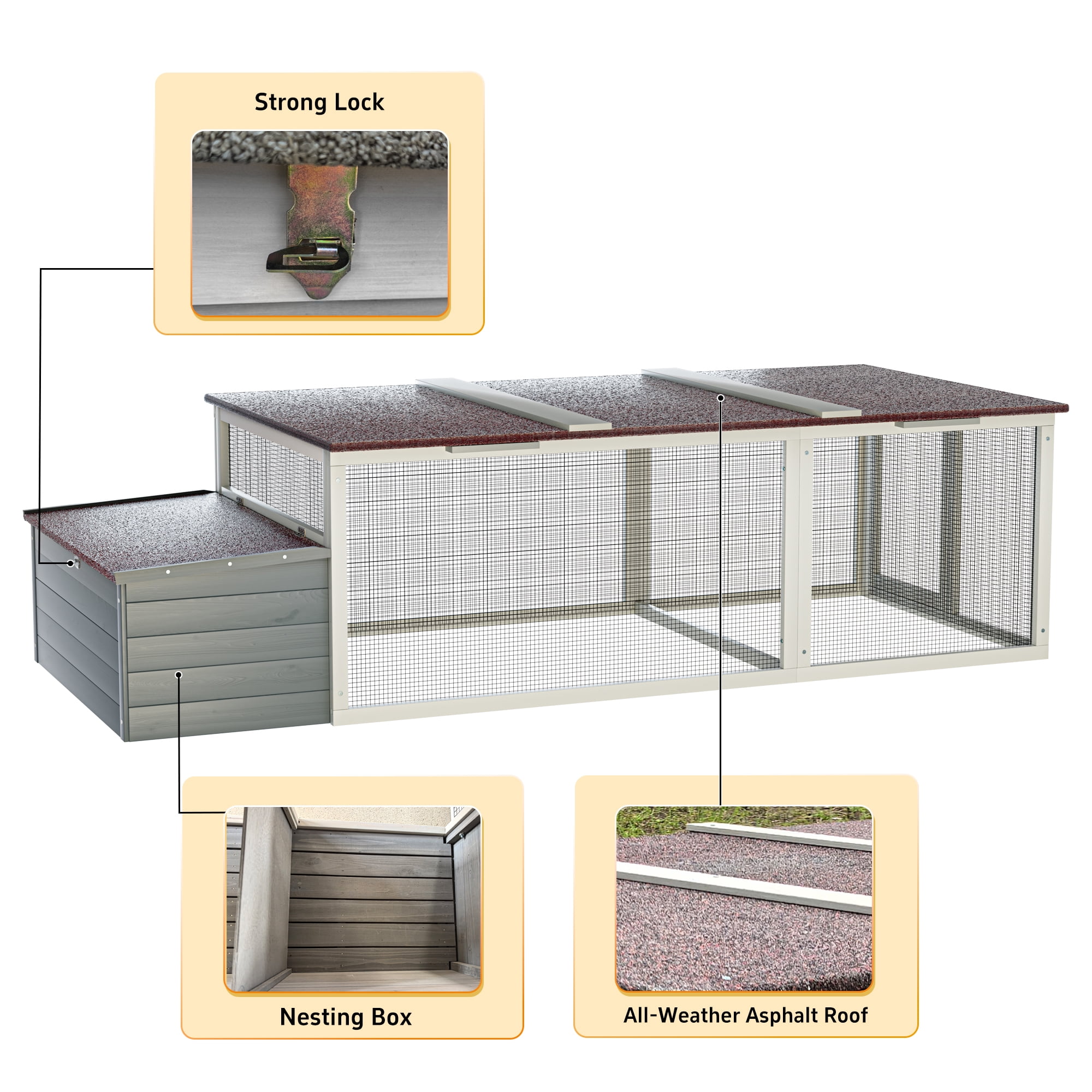 Large Chicken Coop with Run, 20.93 Sq Ft Outdoor Poultry Cage, Weatherproof Asphalt Roof, Wooden Hen House with Nesting Box & Secure Lock for Backyard Use