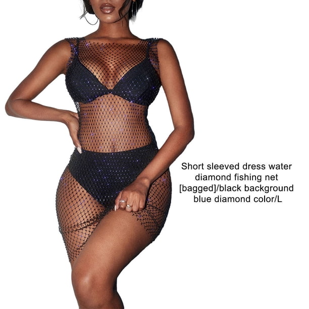 Stripper Club Women Fishnet Above-knee Dress Pole Dancer Sexy Rhinestone See-through Dresses Female Lap Dance Costume Black Blue Crystal L