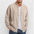 thumbnail image 4 of XuJwPNcy Men Long Sleeve Linen Shirts Casual Mock Neck Button down Tops Fall Beach Vacation Shirts(Khaki,Medium), 4 of 7