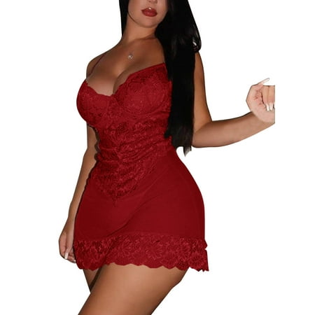 

SpringTTC Womens Nightdress with G-Strings Valentine s Day Lace Stitching Sexy Sheer Babydoll Lingerie Sets