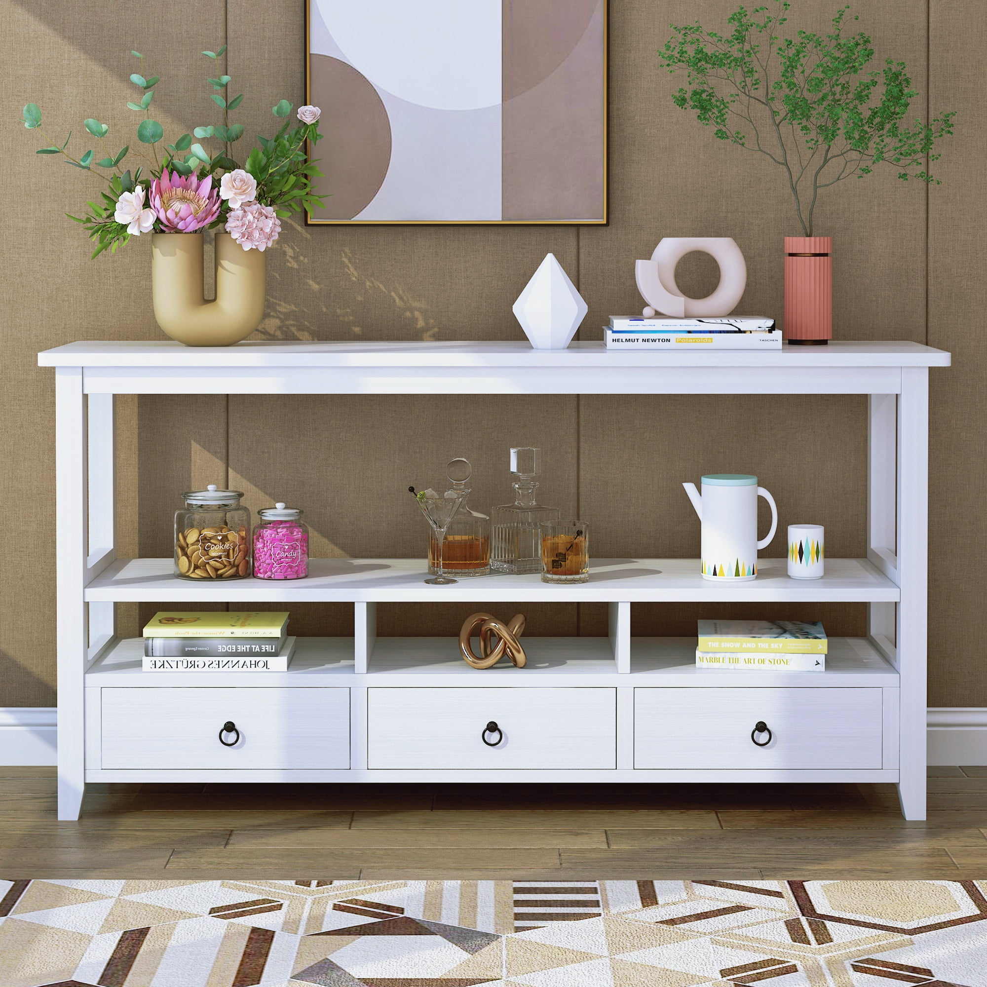 Ktaxon Modern Long Console Table with 3 Drawers, 58" Sofa Table Entryway Living Room Table with Shelves for Hallway, Foyer, Office, White
