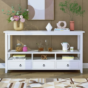Ktaxon Modern Long Console Table with 3 Drawers, 58" Sofa Table Entryway Living Room Table with Shelves for Hallway, Foyer, Office, White