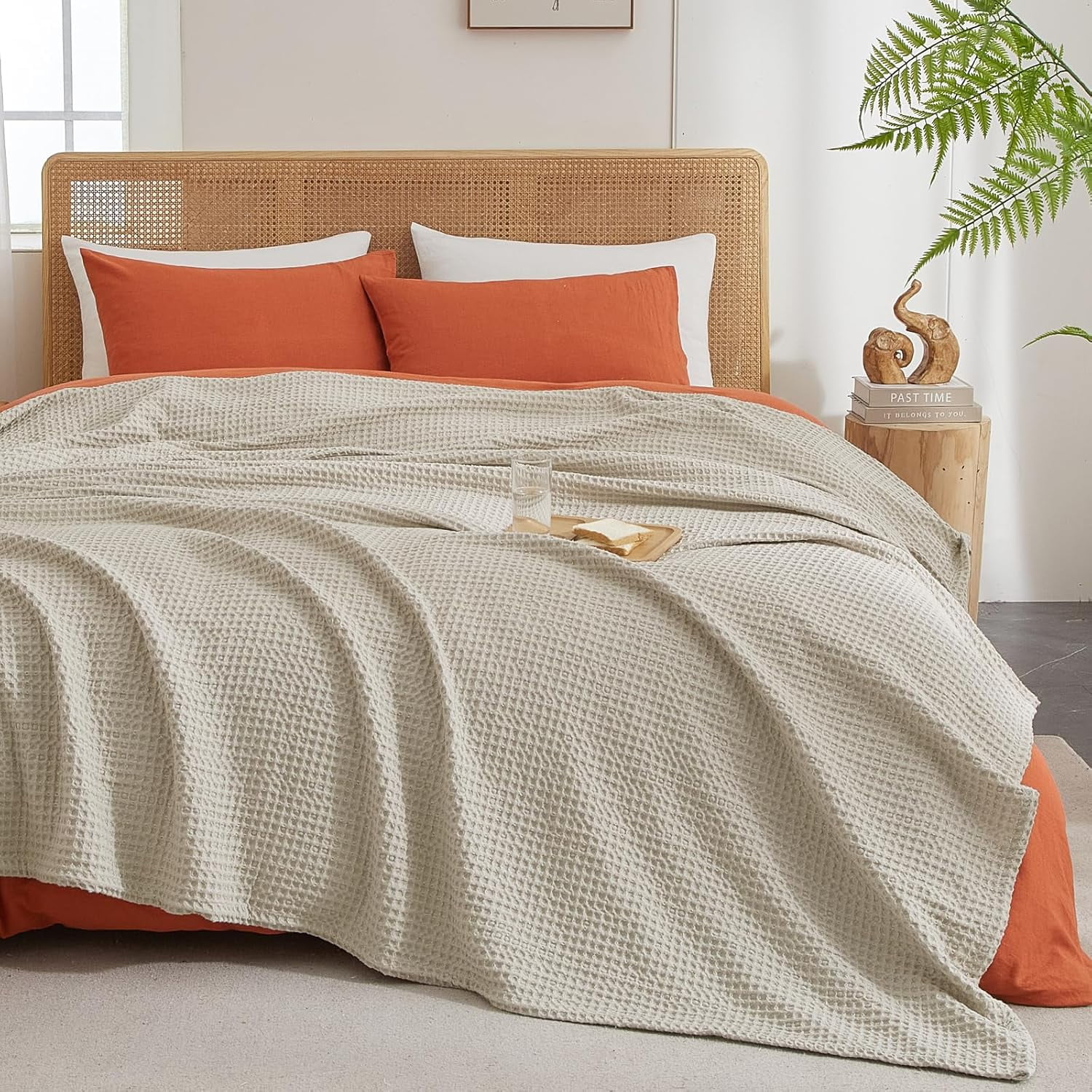 PHF Ultra Soft Waffle Weave Blanket Queen Size, Washed Lightweight Summer Breathable Blankets for Hot Sleeper, Linen, 90x90 inches