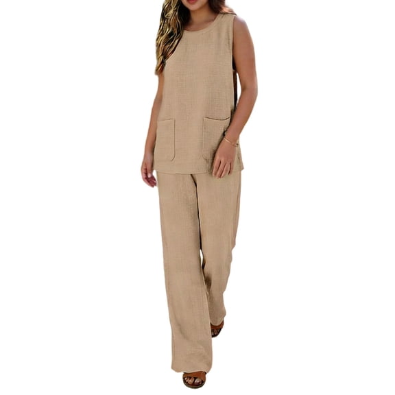 Miluxas Pants Sets Women 2 Piece Sets Sleeveless Round Neck Tank Tops Matching Wide Leg Pants Summer Casual Outfits Khaki