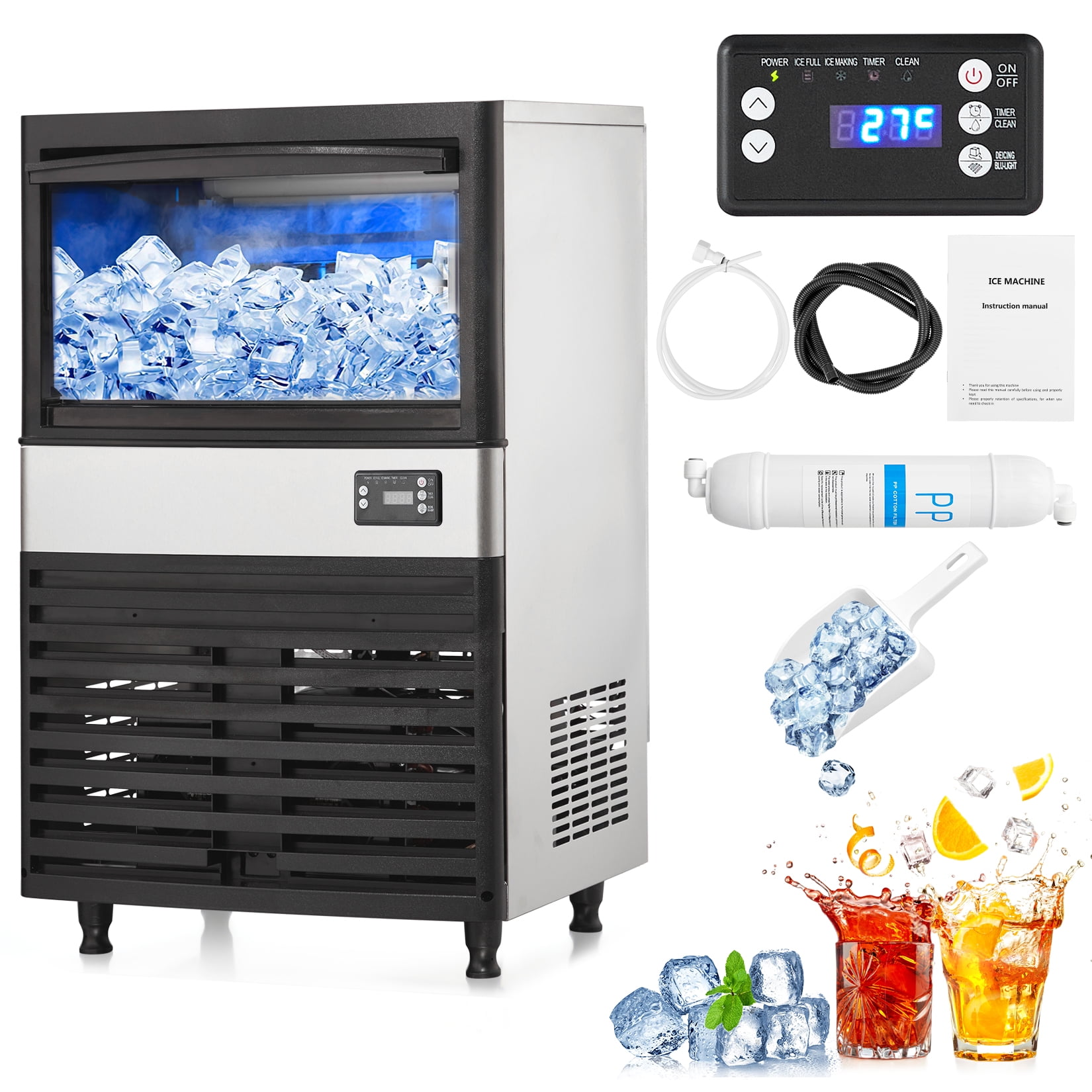 EastVita Multi-style Commercial Ice Maker Machine, with Storage Bin, Clear Ice Cubes, Counter Freestanding Ice Machine for Home/Party/Bar/Restaurant
