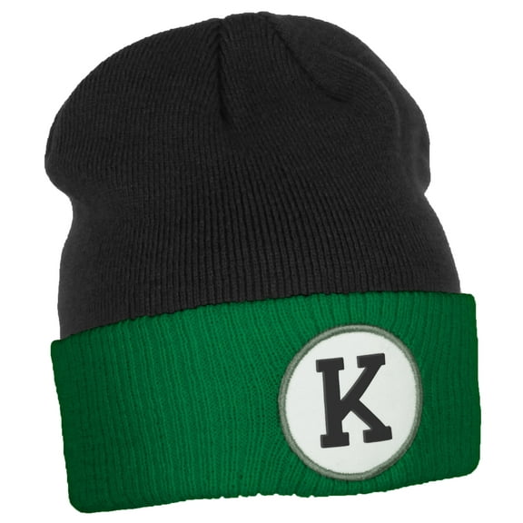 Daxton Custom A to Z Initial Letters Cuff Hat Beanie Warm Knit Skull Cap, Black Kelly Letter K