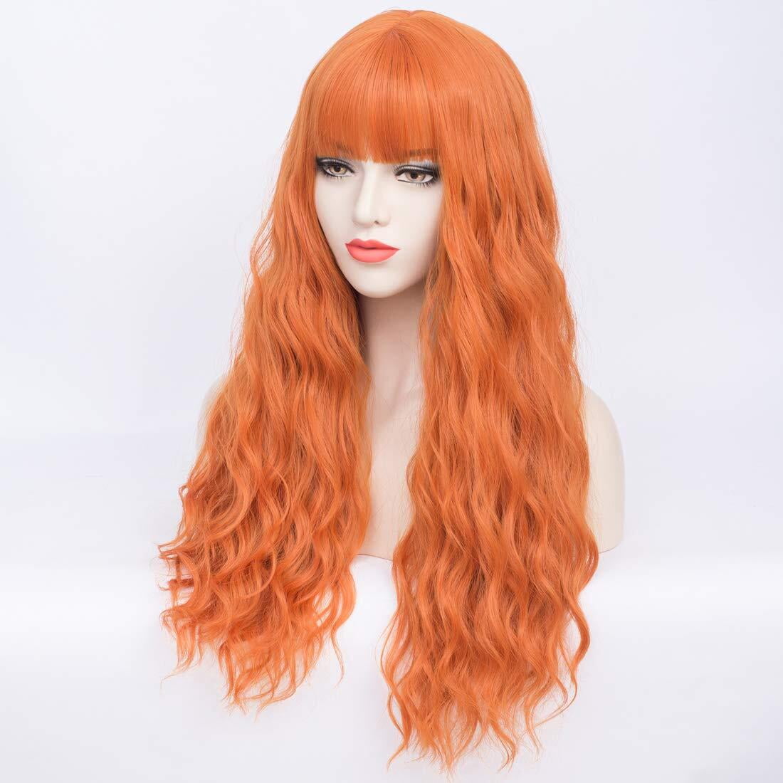 BERON Orange Wig Curly Wavy Wig With Bangs for Women Curly Wavy Synthetic Wigs for Girls Daily Party Use Wig Cap Included