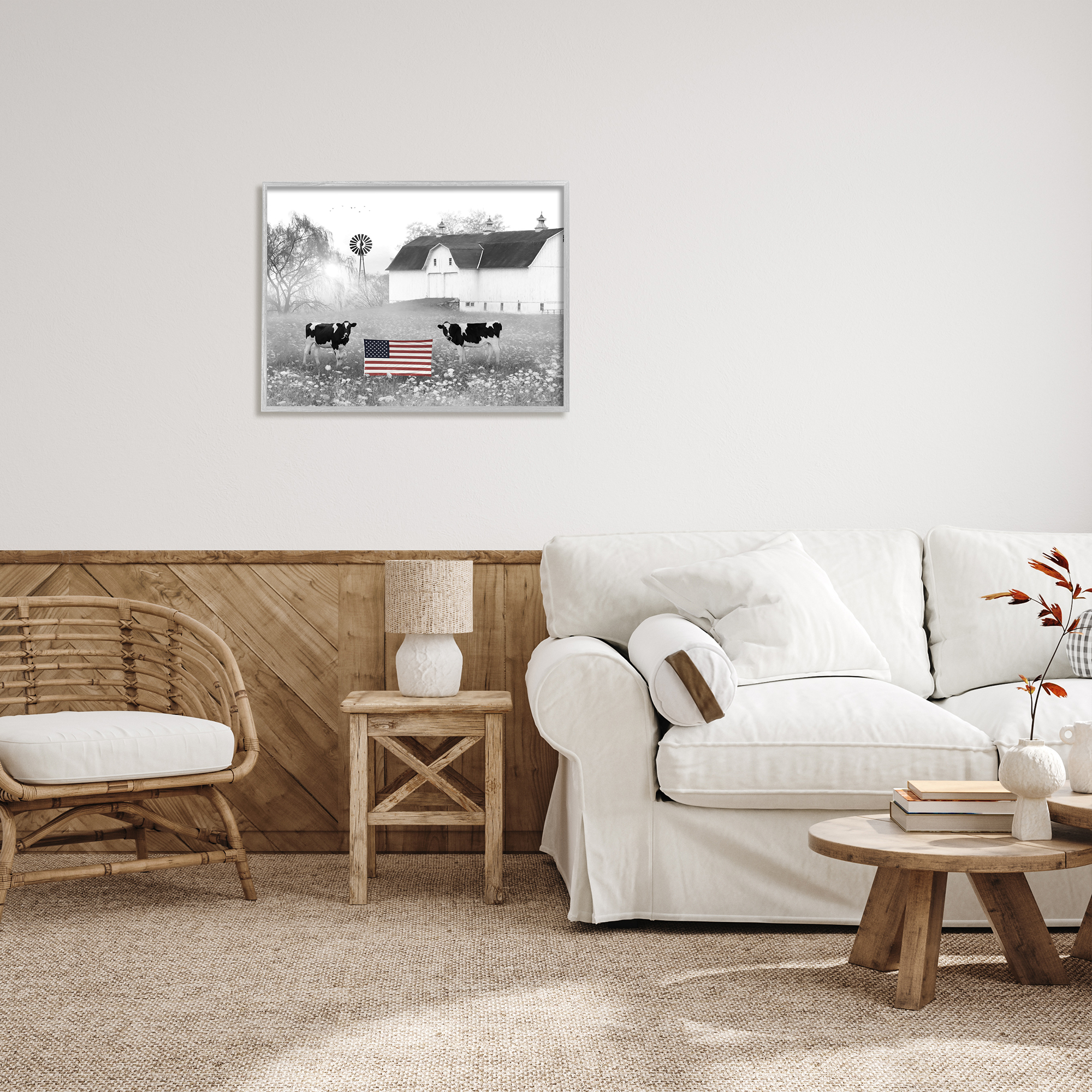 Stupell Americana Barn Country Cows Flag Animals & Insects Painting Gray Framed Art Print Wall Art
