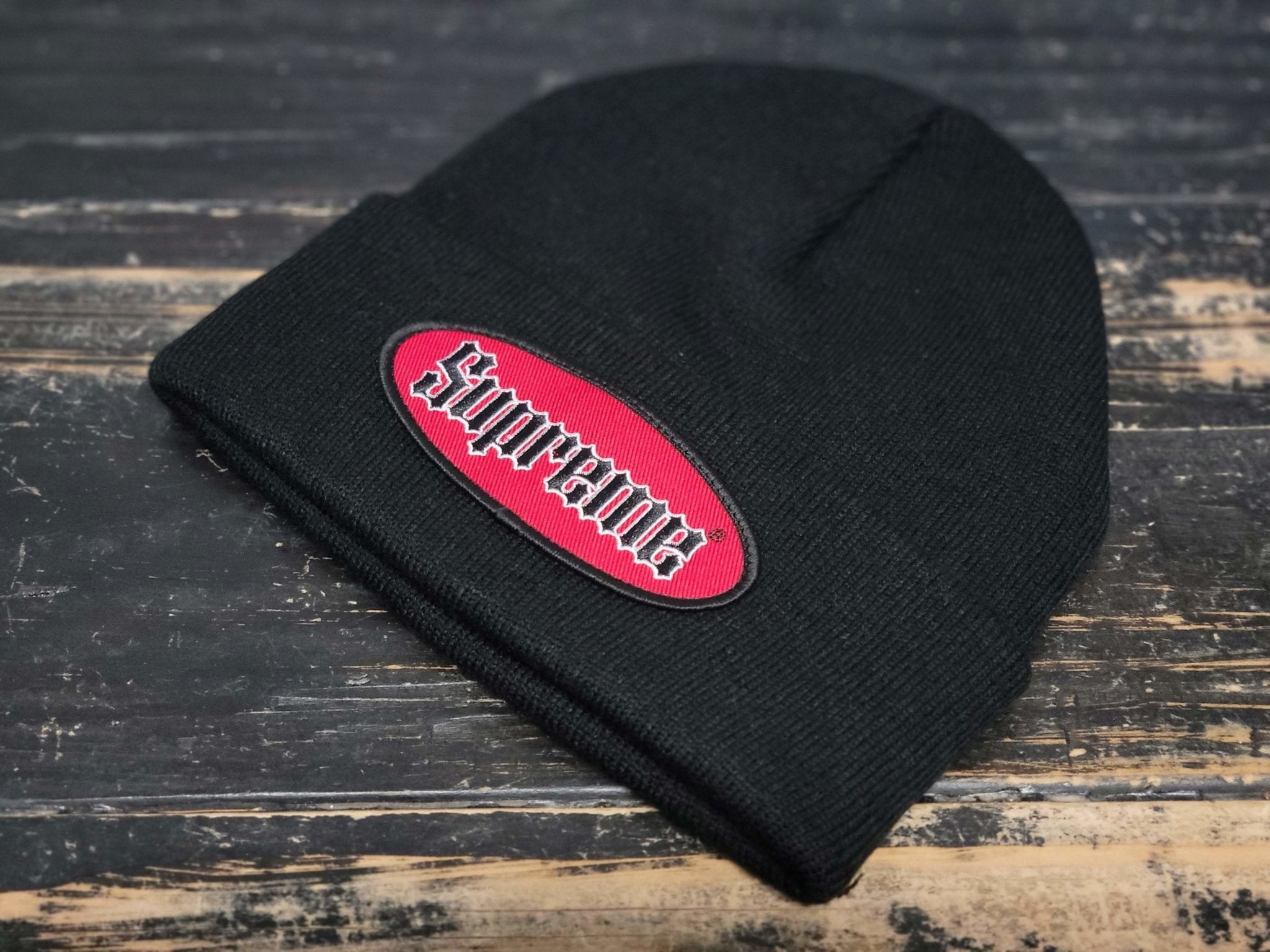 Supreme NYC Red Oval Logo Black Beanie Winter Hat One Size
