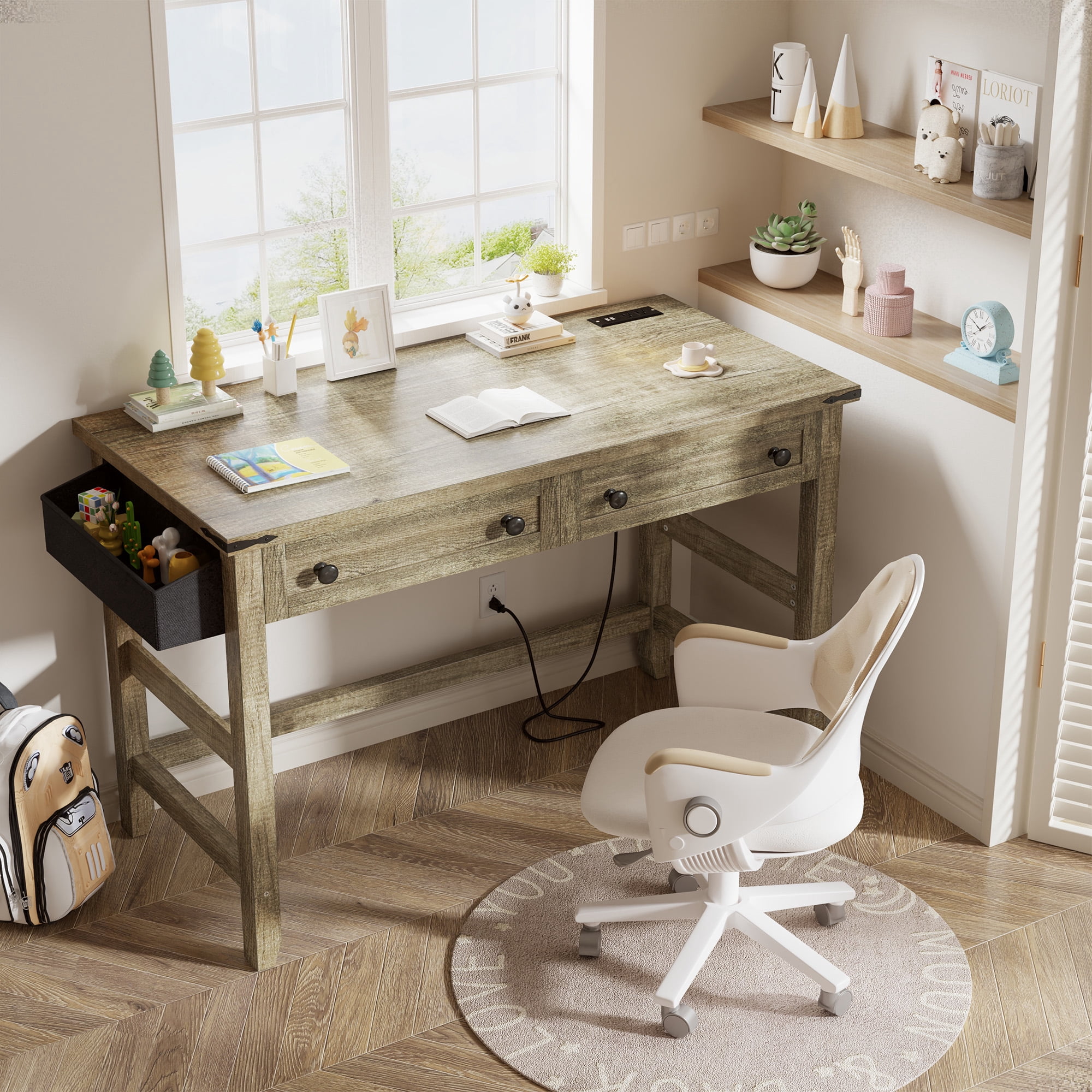 Romorgniz 40"Small Desk Computer Desk Drawers & Side Storage Rustic Home Office Desk with Power Outlets&USB,Dark Oak