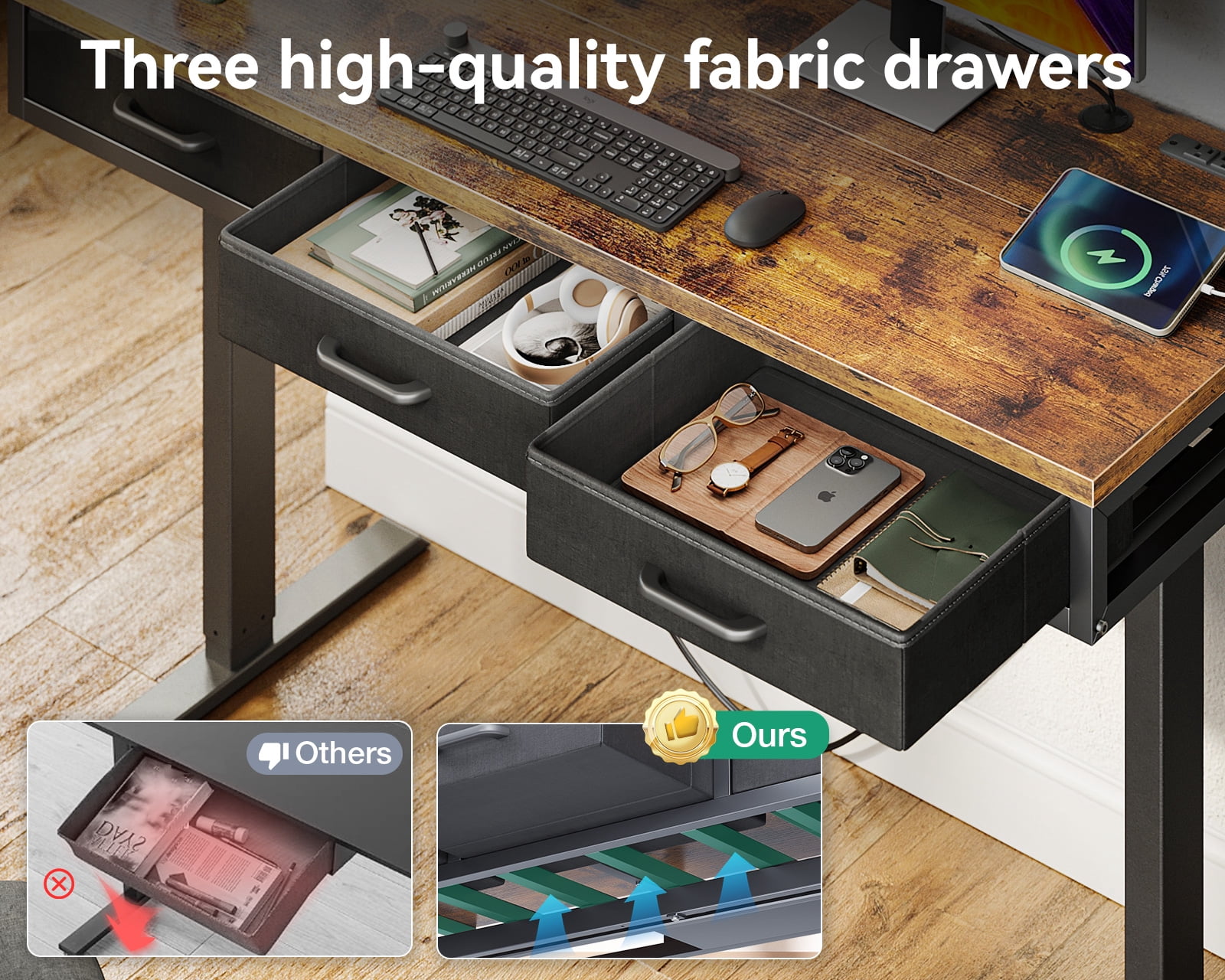Electric Standing Desk with Drawers, 47 Inch Height Adjustable Desk with Power Outlets & USB, Sit Stand Table for Home, Office, Workstation, Rustic Brown