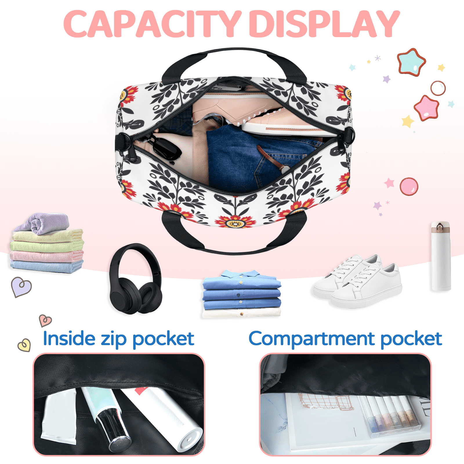 Herdesigns Flower Gym Bag for Women, Duffle Bag for Travel Sport, Vintage Retro Floral Plant Lightweight Waterproof Carry on Weekender Dance Yoga Workout Bags