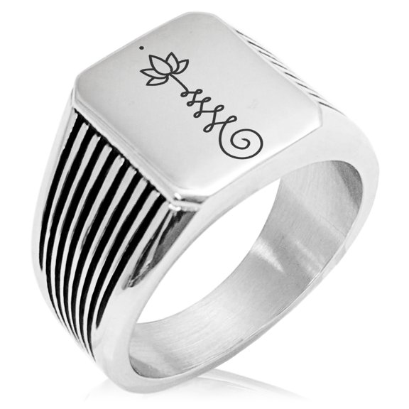 Stainless Steel Sacred Lotus Unalome Needle Stripe Pattern Biker Style Polished Ring