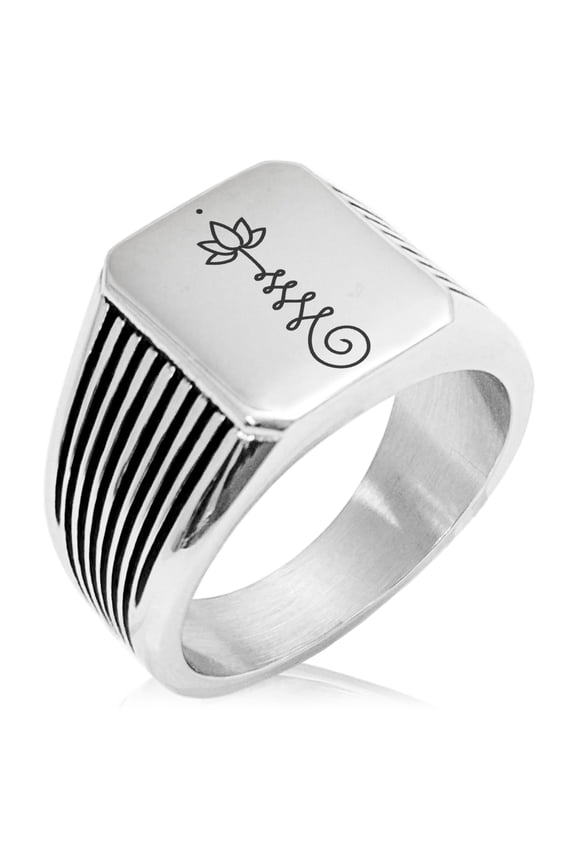 Stainless Steel Sacred Lotus Unalome Needle Stripe Pattern Biker Style Polished Ring