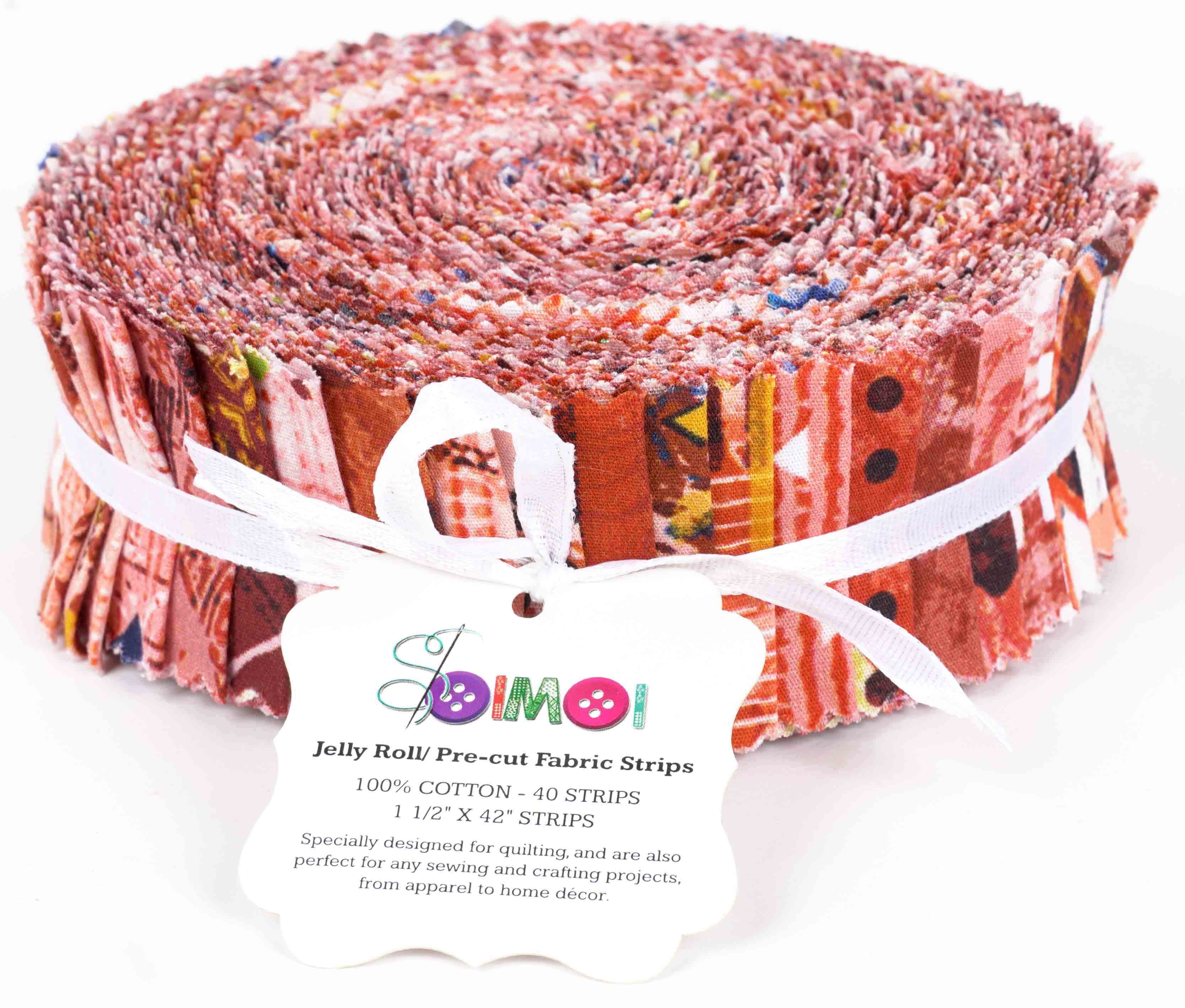Soimoi 40Pcs Geometric & Texture Print Precut Fabrics Strips Roll Up 1.5x42inches Cotton Jelly Rolls For Quilting - Red