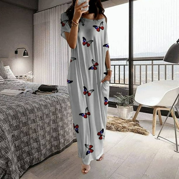 VOIANLIMO Women Comfortable Pajamas Dress Casual Print Loose Pajamas  Strapless Women's Homewear Long Nightgowm